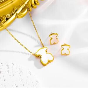 18K Gold Plated Tous Bear Mother Pearl Necklace Earrings Set
